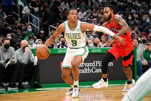 Romeo Langford of the Boston Celtics drives to the basket during a preseason game against the Toronto Raptors on October 9, 2021 at the TD Garden in...