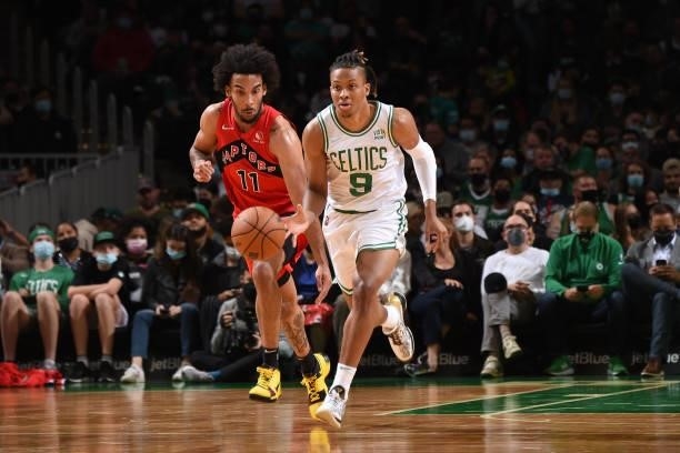 Romeo Langford of the Boston Celtics dribbles the ball down court during a preseason game against the Toronto Raptors on October 9, 2021 at the TD...