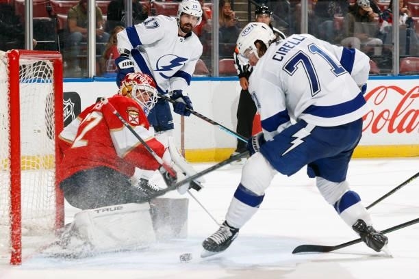 Goaltender Sergei Bobrovsky of the Florida Panthers stops a shot by Anthony Cirelli of the Tampa Bay Lightning during a preseason game at the FLA...