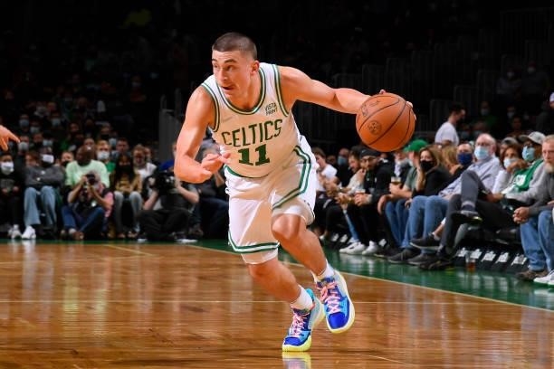 Payton Pritchard of the Boston Celtics drives to the basket during a preseason game against the Toronto Raptors on October 9, 2021 at the TD Garden...