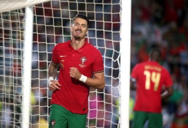 Jose Fonte of Portugal celebrates after scores his Goal ,during the international friendly match between Portugal and Qatar at Estadio Algarve on...