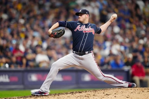 Tyler Matzek of the Atlanta Braves pitches during Game 2 of the NLDS between the Atlanta Braves and the Milwaukee Brewers at American Family Field on...
