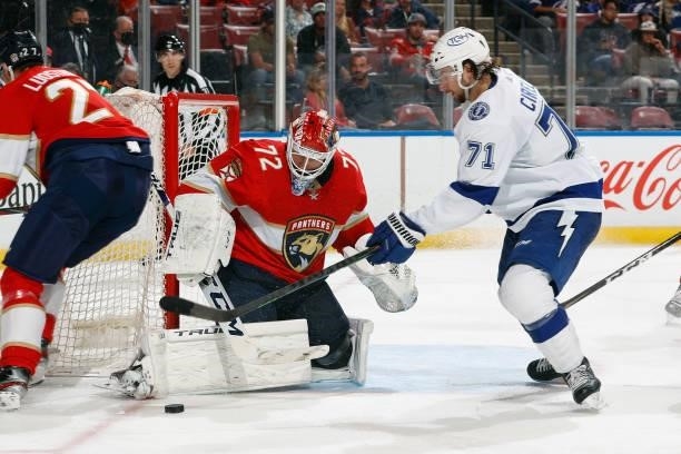 Goaltender Sergei Bobrovsky of the Florida Panthers stops a shot by Anthony Cirelli of the Tampa Bay Lightning during a preseason game at the FLA...