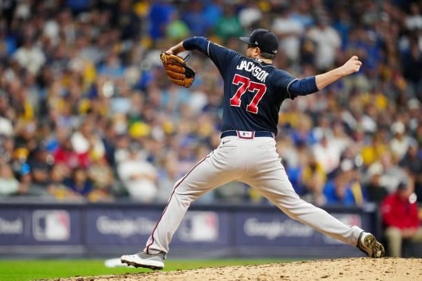 Luke Jackson of the Atlanta Braves pitches during Game 2 of the NLDS between the Atlanta Braves and the Milwaukee Brewers at American Family Field on...