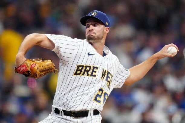 Aaron Ashby of the Milwaukee Brewers pitches during Game 2 of the NLDS between the Atlanta Braves and the Milwaukee Brewers at American Family Field...