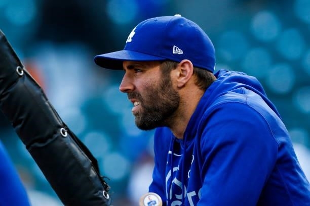 Chris Taylor of the Los Angeles Dodgers looks on during batting practice prior to Game 2 of the NLDS between the Los Angeles Dodgers and the San...