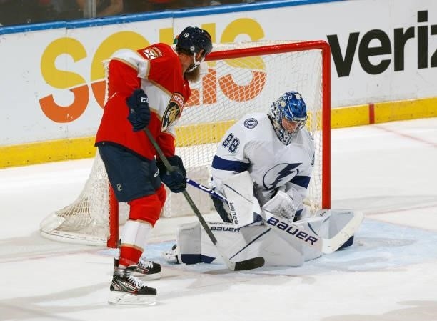 Goaltender Andrei Vasilevskiy of the Tampa Bay Lightning stops shot by Joe Thornton of the Florida Panthers during a preseason game at the FLA Live...