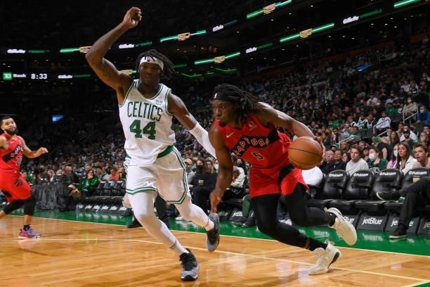 Precious Achiuwa of the Toronto Raptors drives to the basket during a preseason game against the Boston Celtics on October 9, 2021 at the TD Garden...