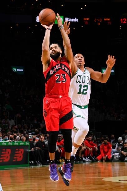 Fred VanVleet of the Toronto Raptors shoots the ball during a preseason game against the Boston Celtics on October 9, 2021 at the TD Garden in...