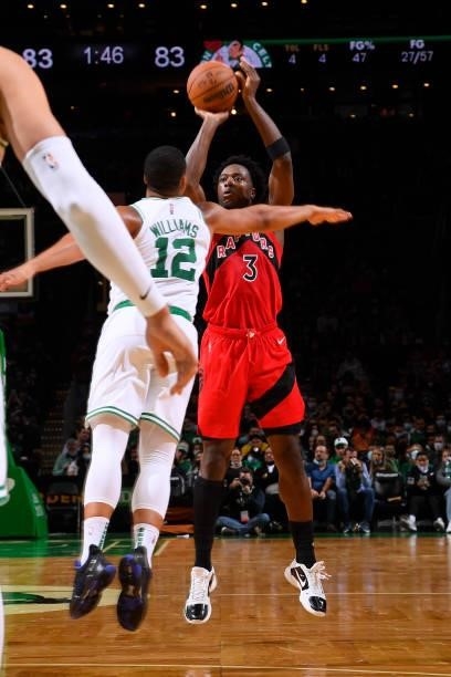 Anunoby of the Toronto Raptors shoots a three point basket during a preseason game against the Boston Celtics on October 9, 2021 at the TD Garden in...