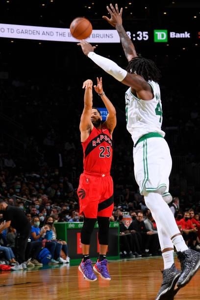 Fred VanVleet of the Toronto Raptors shoots the ball during a preseason game against the Boston Celtics on October 9, 2021 at the TD Garden in...