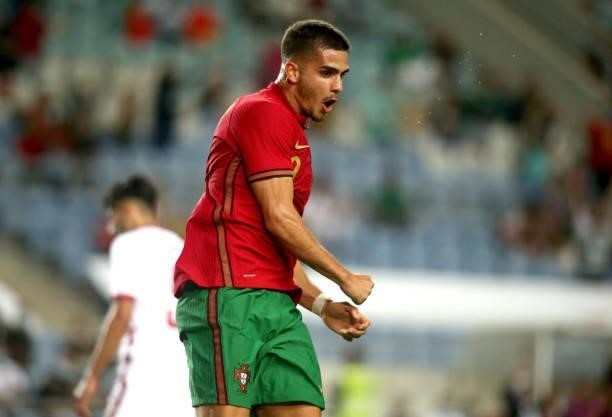 Andre Silva of Portugal celebrates after scoraing a goal during the international friendly match between Portugal and Qatar at Estadio Algarve on...