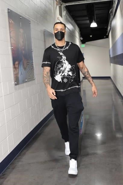 Brandon Clarke of the Memphis Grizzlies arrives before the preseason game against the Atlanta Hawks on October 9, 2021 at FedExForum in Memphis,...
