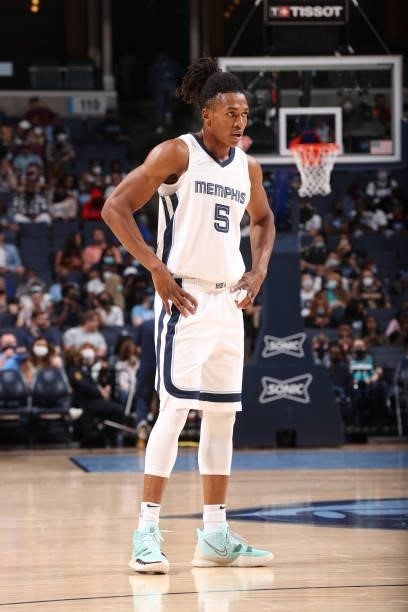 Yves Pons of the Memphis Grizzlies looks on during a preseason game against the Atlanta Hawks on October 9, 2021 at FedExForum in Memphis, Tennessee....