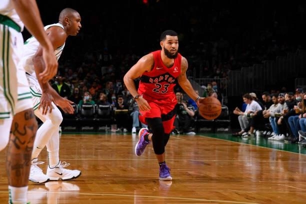 Fred VanVleet of the Toronto Raptors drives to the basket during a preseason game against the Boston Celtics on October 9, 2021 at the TD Garden in...