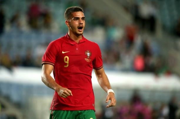 Andre Silva of Portugal celebrates after scoraing a goal during the international friendly match between Portugal and Qatar at Estadio Algarve on...