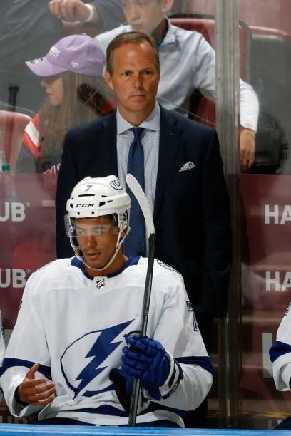 Head coach Jon Cooper of the Tampa Bay Lightning looks on during the third period against the Florida Panthers during a preseason game at the FLA...