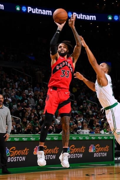Gary Trent Jr. #33 of the Toronto Raptors shoots the ball during a preseason game against the Boston Celtics on October 9, 2021 at the TD Garden in...