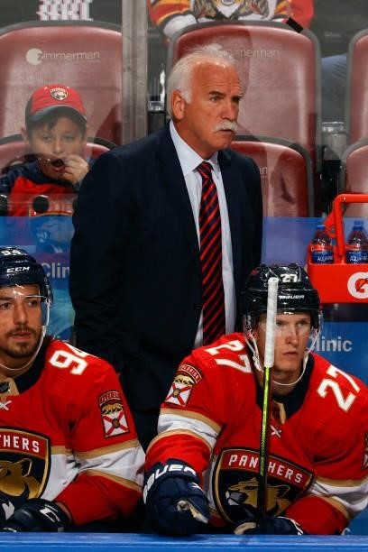 Florida Panthers Head coach Joel Quenneville of the Florida Panthers looks n during third period action against the Tampa Bay Lightning during a...