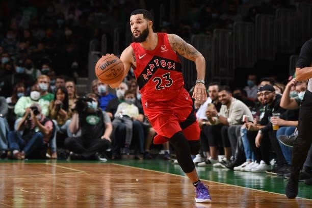 Fred VanVleet of the Toronto Raptors dribbles the ball during a preseason game against the Boston Celtics on October 9, 2021 at the TD Garden in...