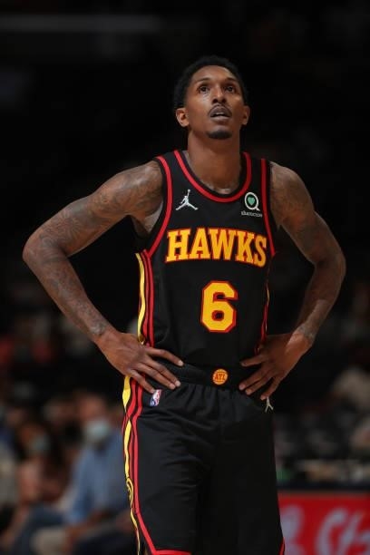 Lou Williams of the Atlanta Hawks looks on during a preseason game against the Memphis Grizzlies on October 9, 2021 at FedExForum in Memphis,...