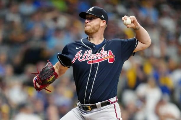 Will Smith of the Atlanta Braves pitches during Game 2 of the NLDS between the Atlanta Braves and the Milwaukee Brewers at American Family Field on...