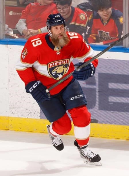 Joe Thornton of the Florida Panthers skates up ice against the Tampa Bay Lightning during a preseason game at the FLA Live Arena on October 9, 2021...