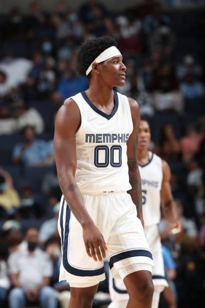 Romeo Weems of the Memphis Grizzlies looks on during a preseason game against the Atlanta Hawks on October 9, 2021 at FedExForum in Memphis,...