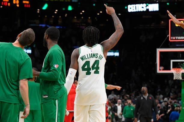 Robert Williams III of the Boston Celtics celebrates after the preseason game against the Toronto Raptors on October 9, 2021 at the TD Garden in...