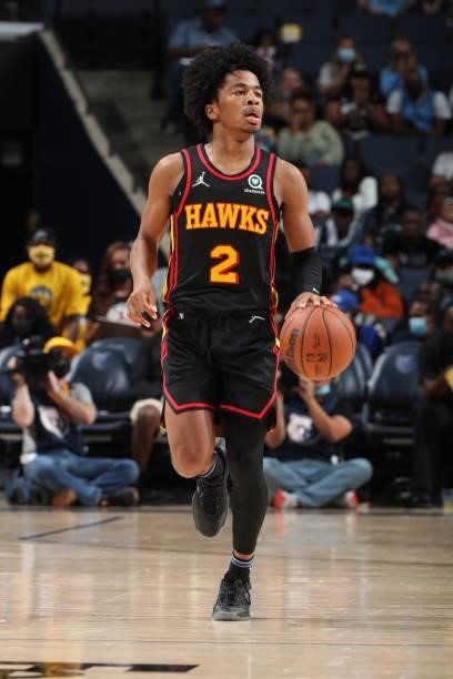 Sharife Cooper of the Atlanta Hawks dribbles the ball during a preseason game against the Memphis Grizzlies on October 9, 2021 at FedExForum in...