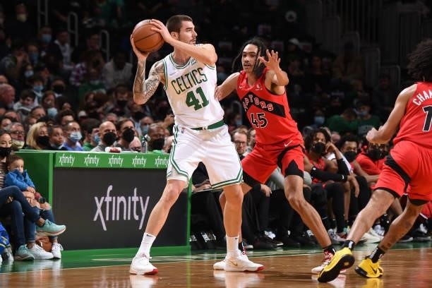 Juancho Hernangomez of the Boston Celtics handles the ball during a preseason game against the Toronto Raptors on October 9, 2021 at the TD Garden in...
