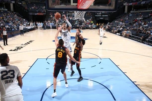 Brandon Clarke of the Memphis Grizzlies drives to the basket during a preseason game against the Atlanta Hawks on October 9, 2021 at FedExForum in...