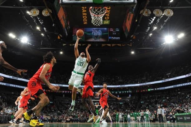 Jabari Parker of the Boston Celtics shoots the ball during a preseason game against the Toronto Raptors on October 9, 2021 at the TD Garden in...