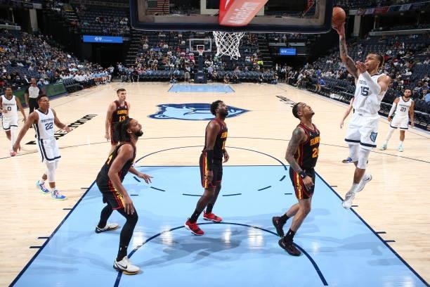 Brandon Clarke of the Memphis Grizzlies shoots the ball during a preseason game against the Atlanta Hawks on October 9, 2021 at FedExForum in...