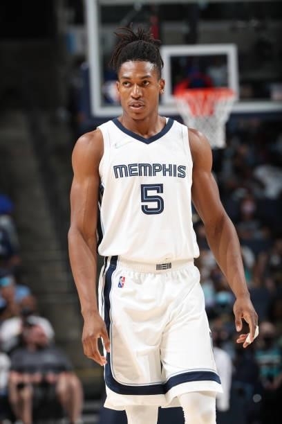 Yves Pons of the Memphis Grizzlies looks on during a preseason game against the Atlanta Hawks on October 9, 2021 at FedExForum in Memphis, Tennessee....