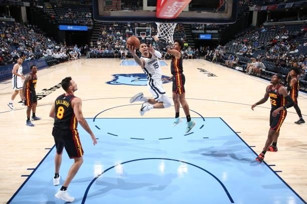 Brandon Clarke of the Memphis Grizzlies drives to the basket during a preseason game against the Atlanta Hawks on October 9, 2021 at FedExForum in...