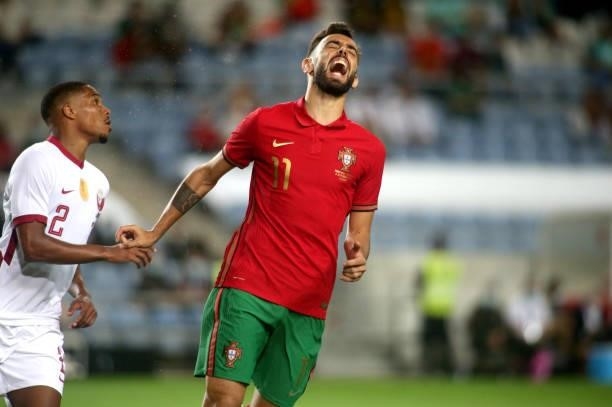 Bruno Fernandes of Portugal reacts during the international friendly match between Portugal and Qatar at Estadio Algarve on October 9, 2021 in Faro,...