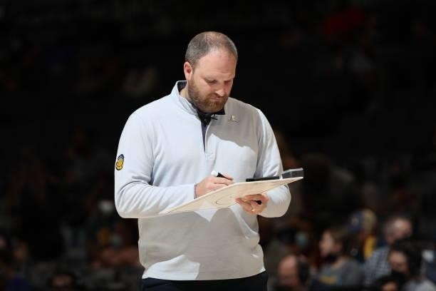 Head Coach Taylor Jenkins of the Memphis Grizzlies writes on his wipe board during a preseason game against the Atlanta Hawks on October 9, 2021 at...