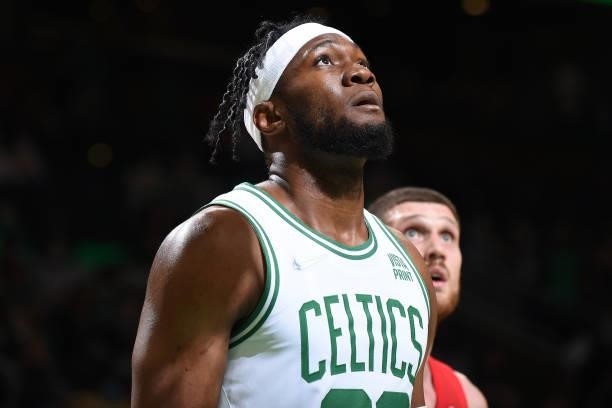 Bruno Fernando of the Boston Celtics looks on during a preseason game against the Toronto Raptors on October 9, 2021 at the TD Garden in Boston,...