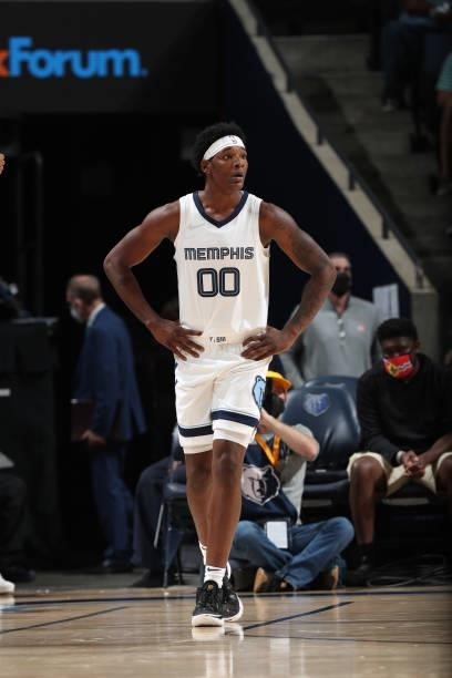 Romeo Weems of the Memphis Grizzlies looks on during a preseason game against the Atlanta Hawks on October 9, 2021 at FedExForum in Memphis,...