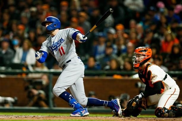 Pollock of the Los Angeles Dodgers hits a two run double in the sixth inning during Game 2 of the NLDS between the Los Angeles Dodgers and the San...