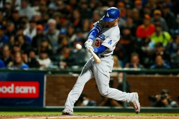 Cody Bellinger of the Los Angeles Dodgers hits a two run double in the sixth inning during Game 2 of the NLDS between the Los Angeles Dodgers and the...