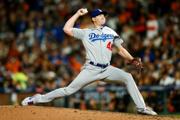 Corey Knebel of the Los Angeles Dodgers pitches during Game 2 of the NLDS between the Los Angeles Dodgers and the San Francisco Giants at Oracle Park...