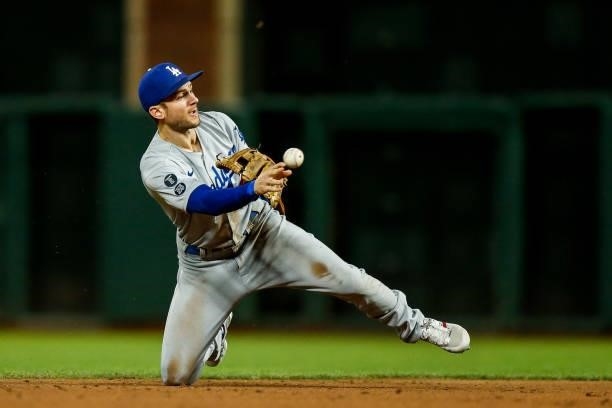 Trea Turner of the Los Angeles Dodgers throws to second in the sixth inning during Game 2 of the NLDS between the Los Angeles Dodgers and the San...