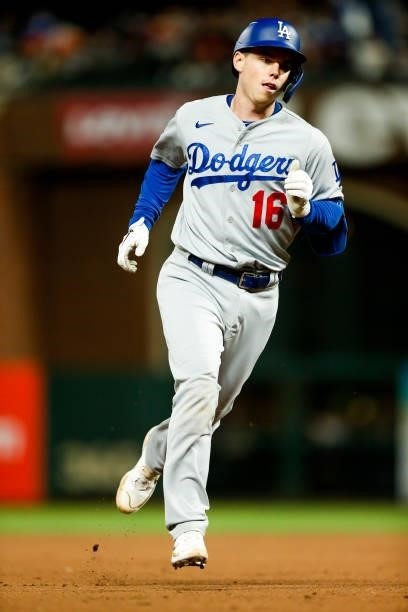 Will Smith of the Los Angeles Dodgers rounds the bases after hitting a solo home run in the eight inning during Game 2 of the NLDS between the Los...