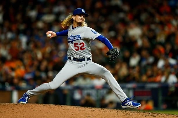 Phil Bickford of the Los Angeles Dodgers pitches during Game 2 of the NLDS between the Los Angeles Dodgers and the San Francisco Giants at Oracle...
