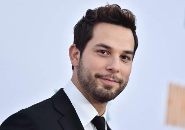 Actor Skylar Astin arrives for the LA Philharmonic's Homecoming Gala at the Walt Disney Concert Hall in Los Angeles, October 9, 2021.