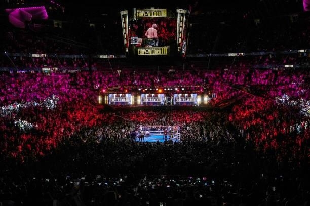 Tyson Fury is victorious as he defeats Deontay Wilder for the WBC heavyweight championship at T-Mobile Arena on October 09, 2021 in Las Vegas, Nevada.
