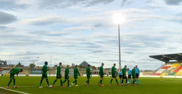 Dublin , Ireland - 8 October 2021; Republic of Ireland players take to the pitch before the UEFA European U21 Championship Qualifier match between...