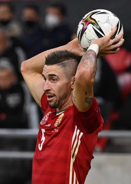 Hungary's defender Zsolt Nagy plays the ball during the World Cup 2022 qualifier football match between Hungary and Albania in Budapest on October 9,...